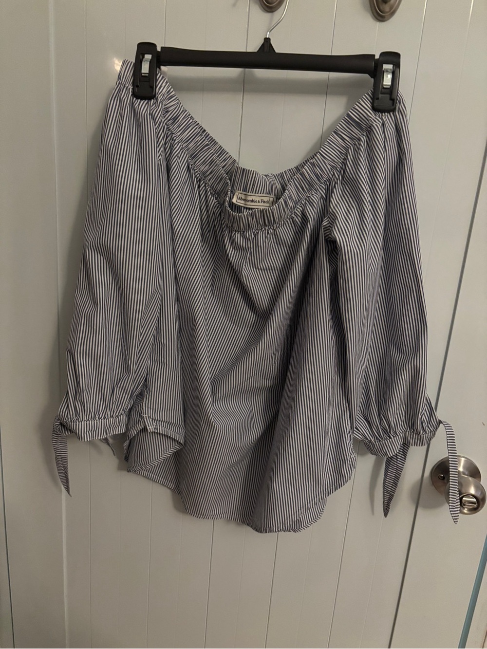 Abercrombie & Fitch Blue and White Pinstripe Off-Shoulder Blouse